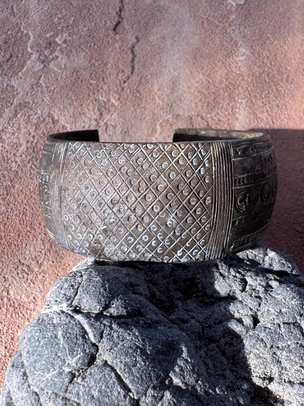 African Tribal Etched Metal Cuff Bracelet Antique Vintage Bronze Brass Patina